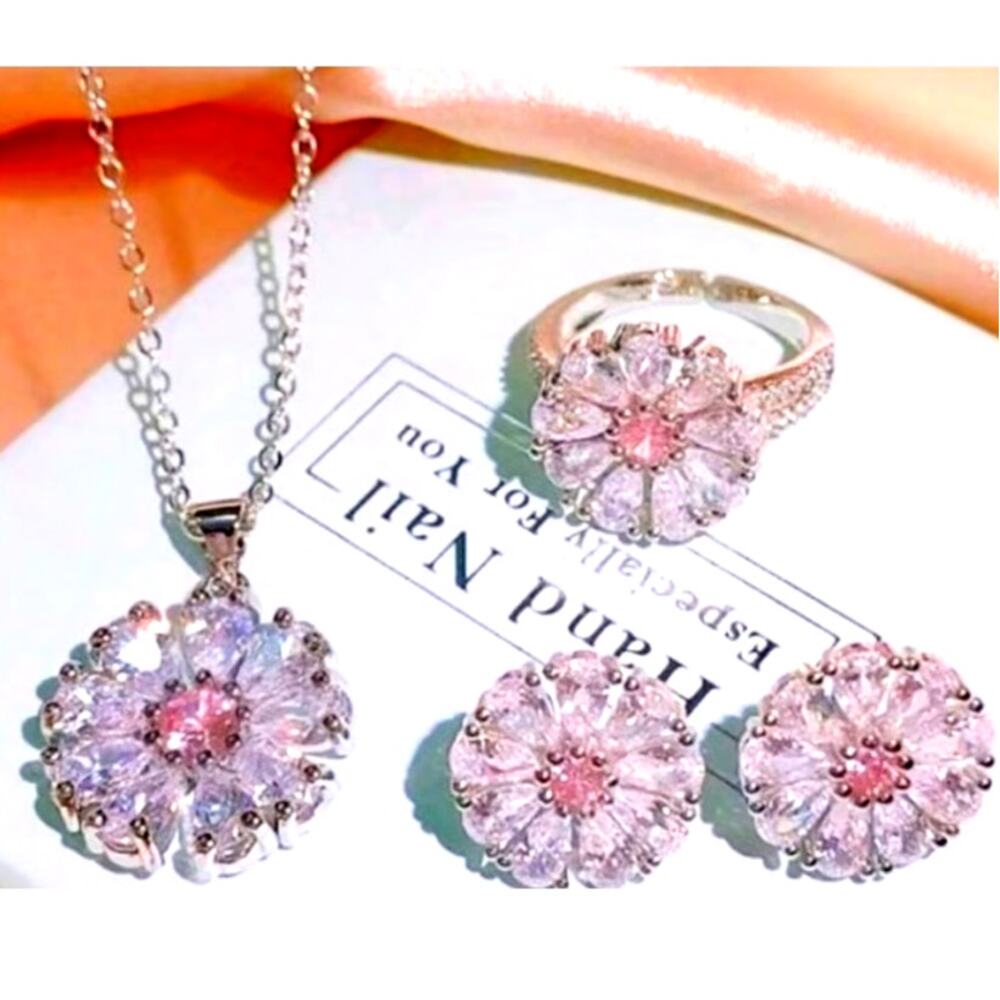 Earrings, Ring, Pendant Necklace cubic Zirconium silver pink crystal set flower